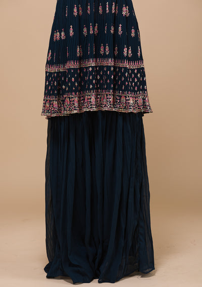 Peacock Blue Threadwork Georgette Readymade Salwar Suit-Koskii