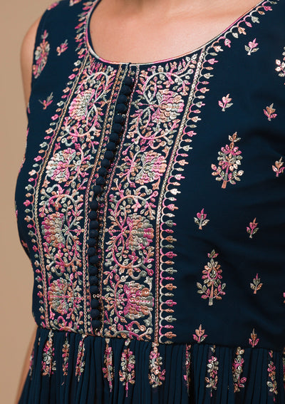 Peacock Blue Threadwork Georgette Readymade Salwar Suit-Koskii