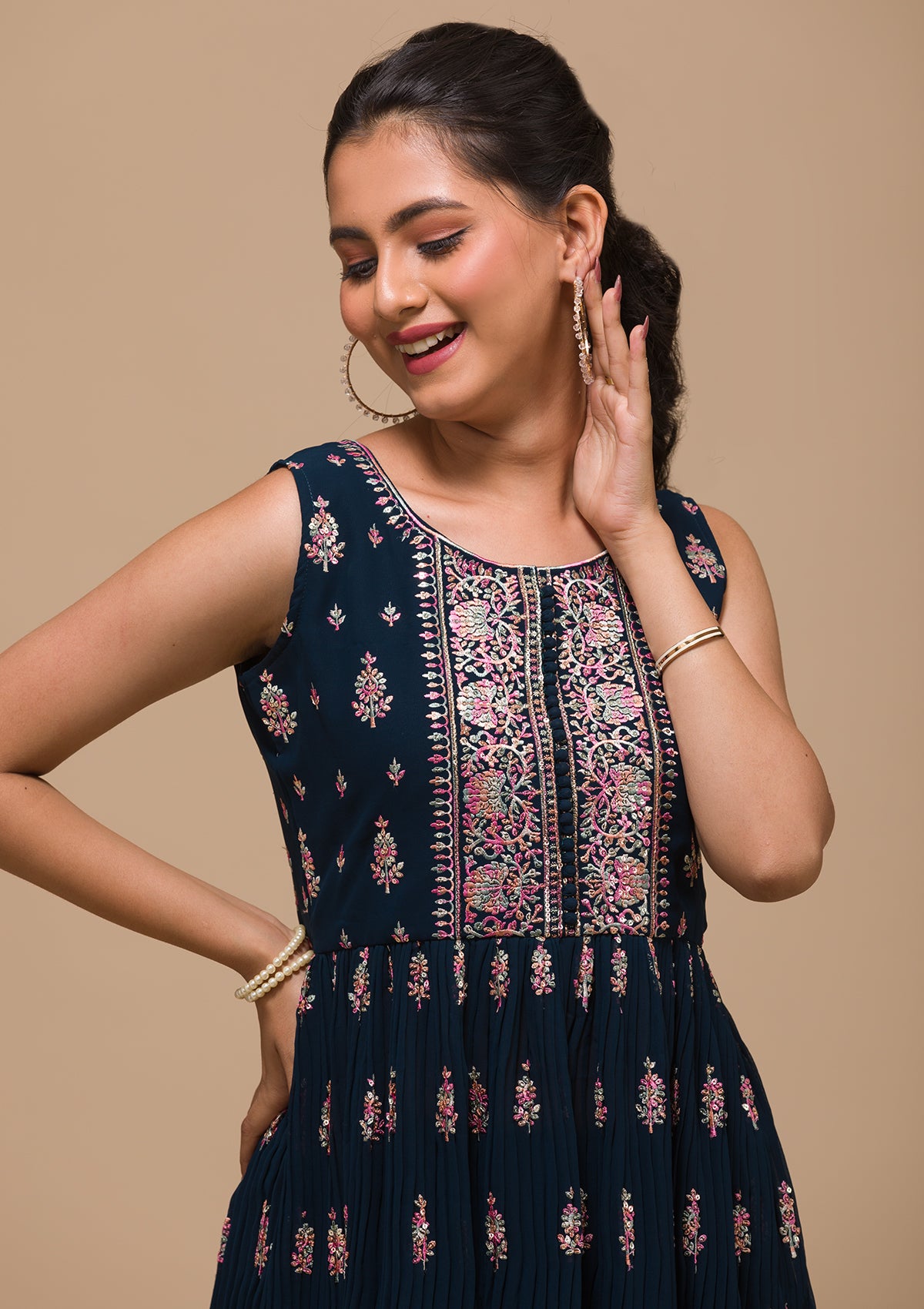 Peacock Blue Threadwork Georgette Readymade Salwar Suit-Koskii