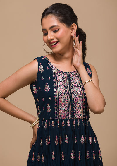 Peacock Blue Threadwork Georgette Readymade Salwar Suit-Koskii