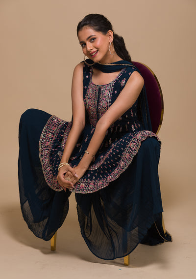 Peacock Blue Threadwork Georgette Readymade Salwar Suit-Koskii