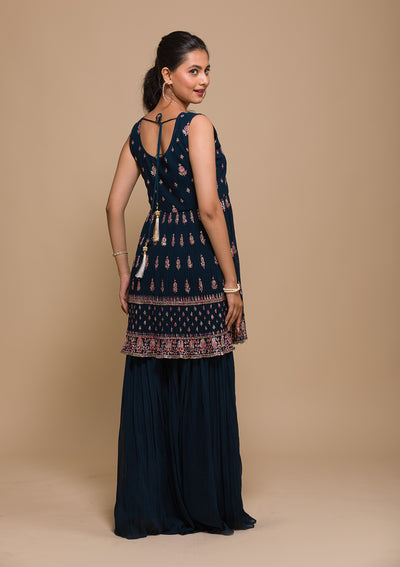 Peacock Blue Threadwork Georgette Readymade Salwar Suit-Koskii
