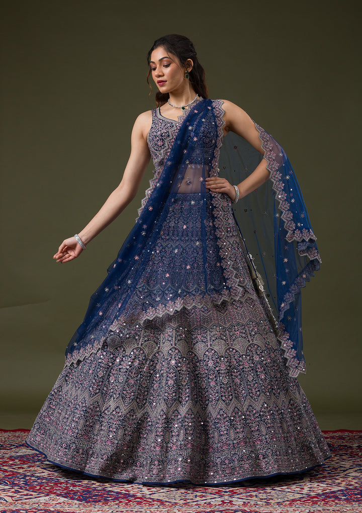 Peacock Blue Threadwork Net Readymade Lehenga