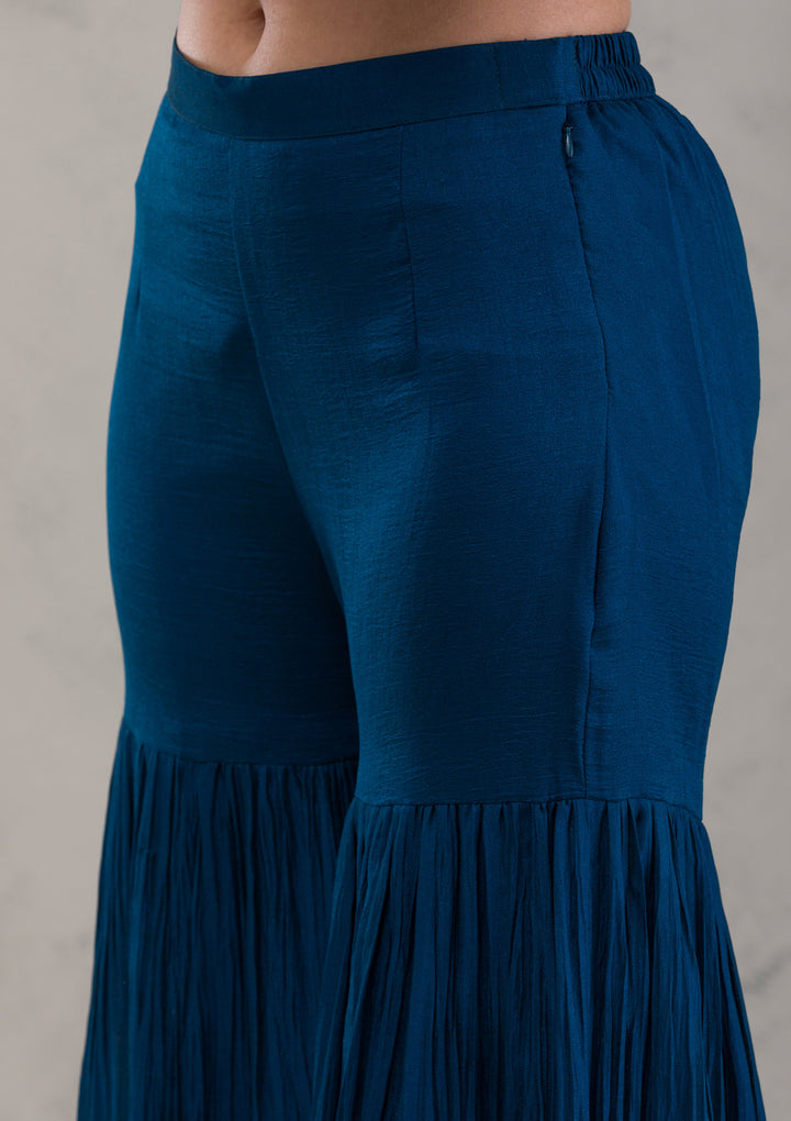 Peacock Blue Threadwork Raw Silk Readymade Salwar Suit