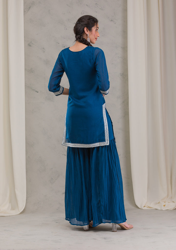 Peacock Blue Threadwork Raw Silk Readymade Salwar Suit