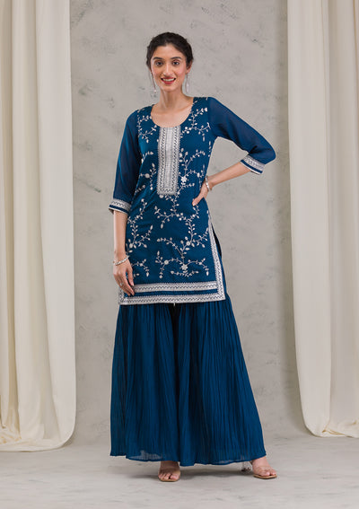 Peacock Blue Threadwork Raw Silk Readymade Salwar Suit