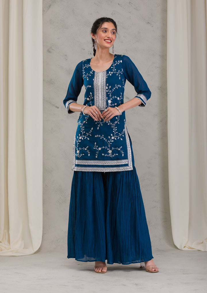 Peacock Blue Threadwork Raw Silk Readymade Salwar Suit