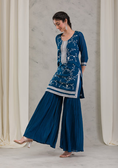 Peacock Blue Threadwork Raw Silk Readymade Salwar Suit