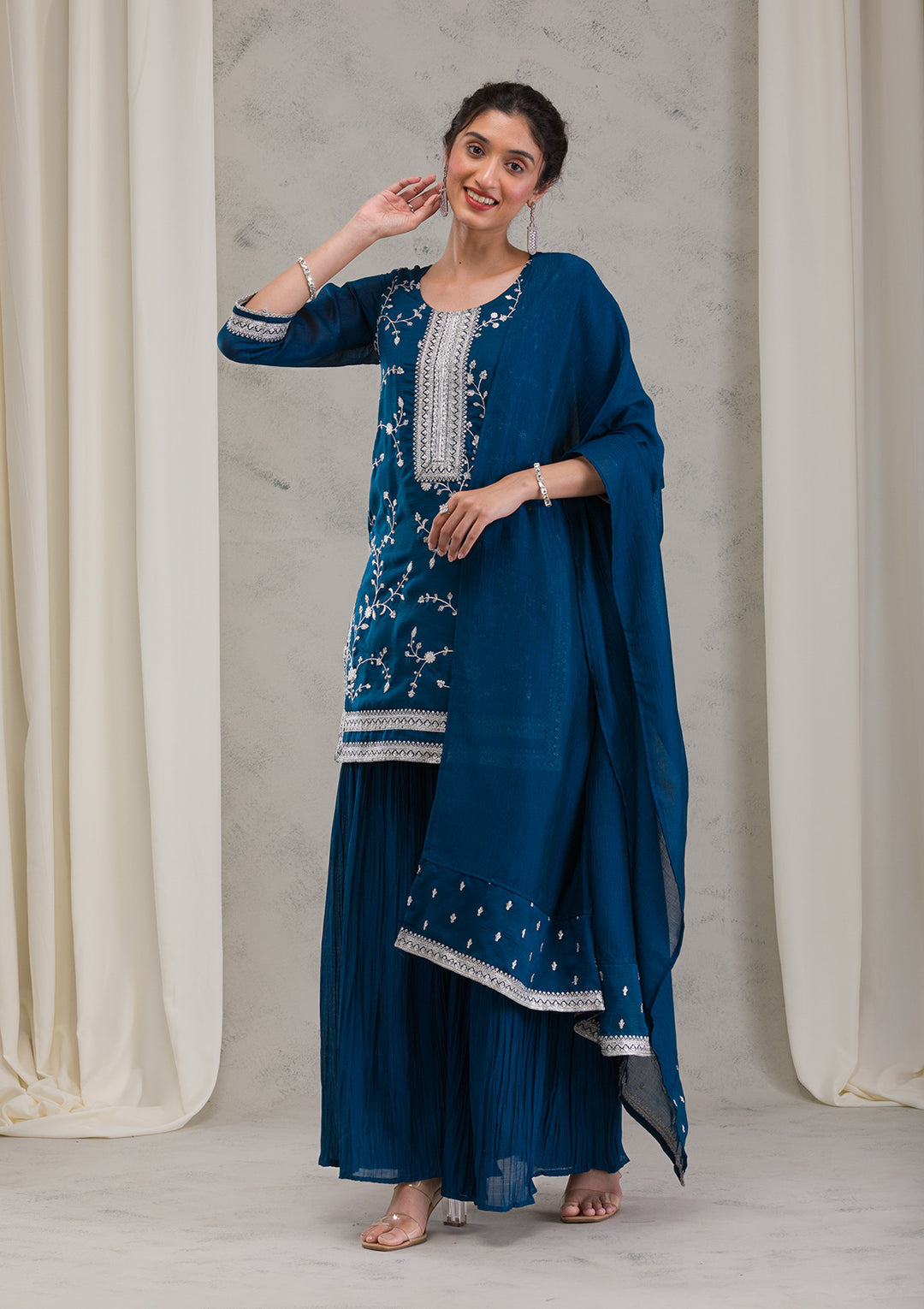 Peacock Blue Threadwork Raw Silk Readymade Salwar Suit