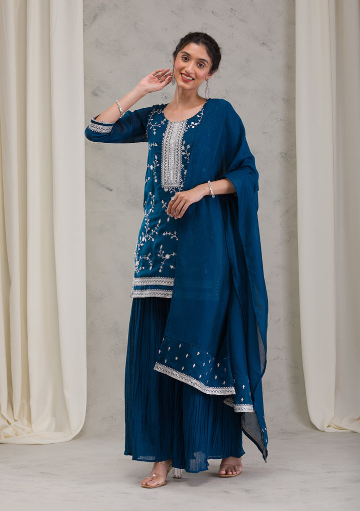Peacock Blue Threadwork Raw Silk Readymade Salwar Suit
