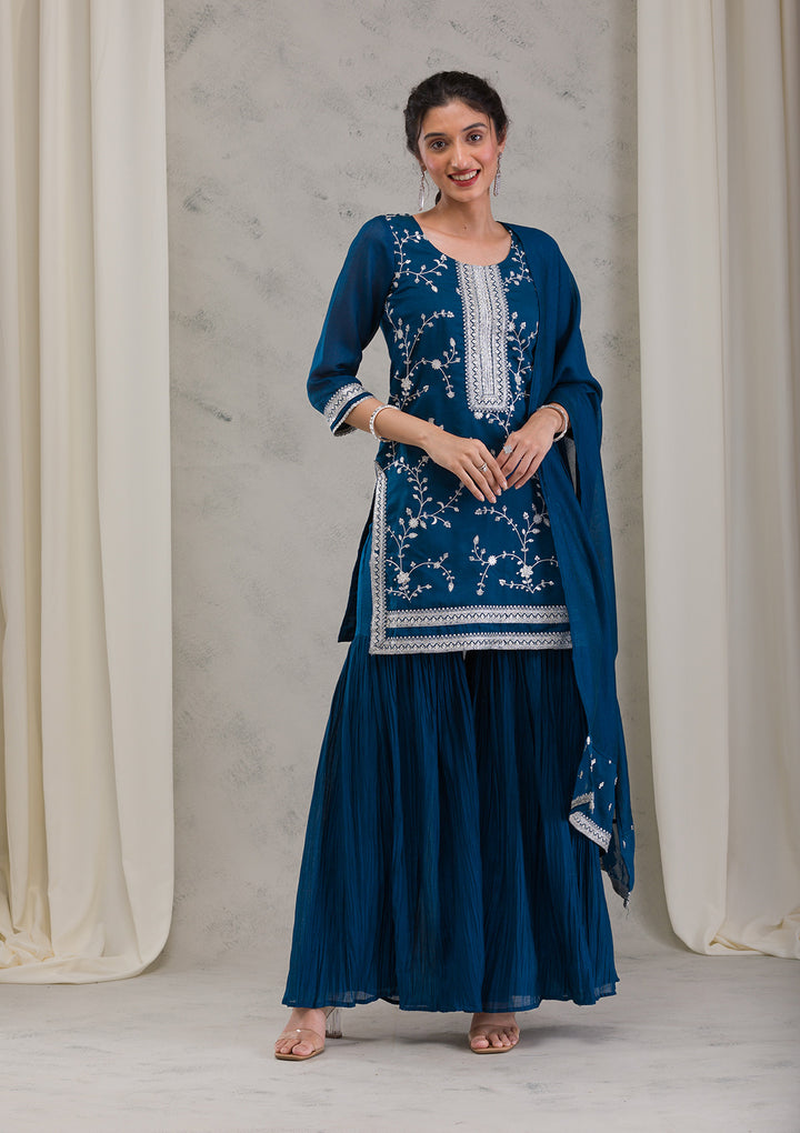 Peacock Blue Threadwork Raw Silk Readymade Salwar Suit