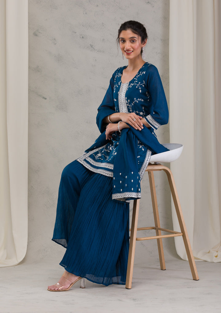 Peacock Blue Threadwork Raw Silk Readymade Salwar Suit