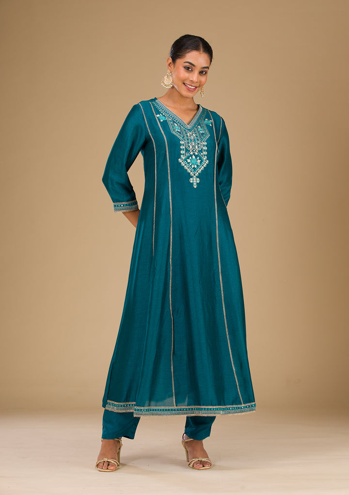 Peacock Blue Threadwork Raw Silk Readymade Salwar Suit