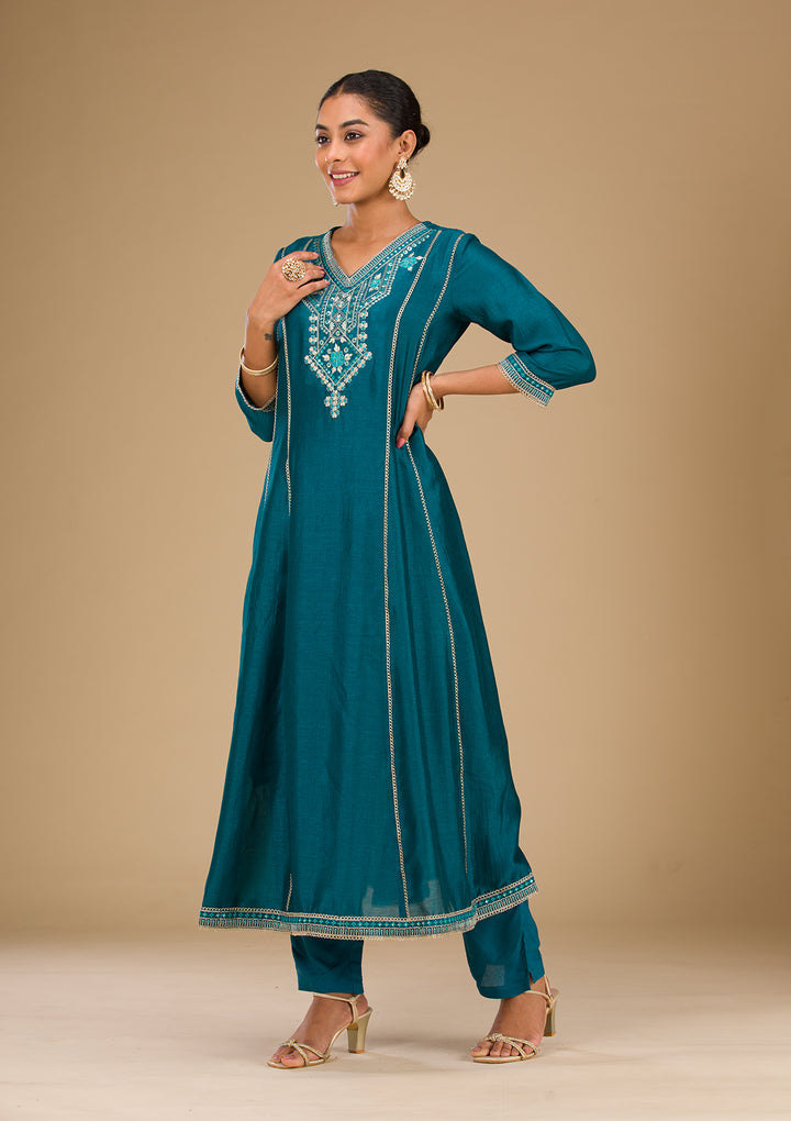 Peacock Blue Threadwork Raw Silk Readymade Salwar Suit