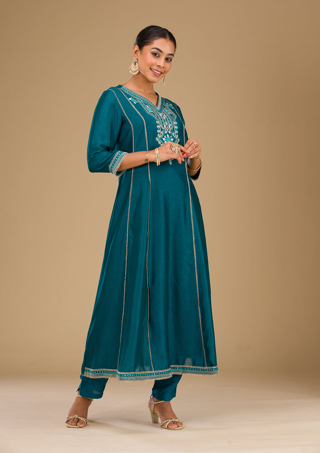 Peacock Blue Threadwork Raw Silk Readymade Salwar Suit