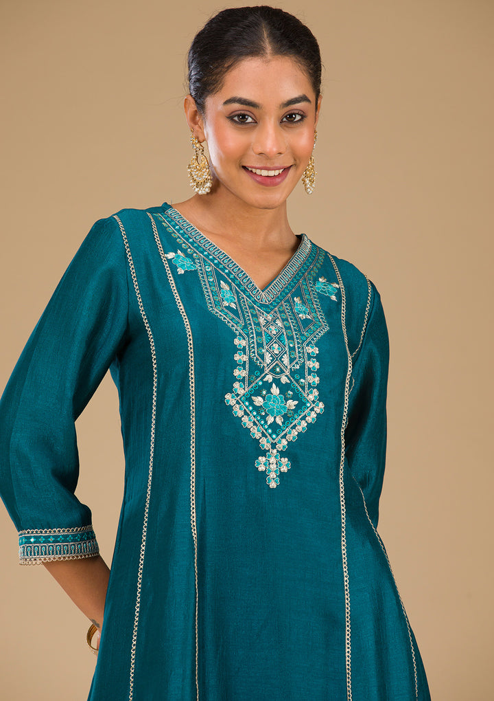 Peacock Blue Threadwork Raw Silk Readymade Salwar Suit