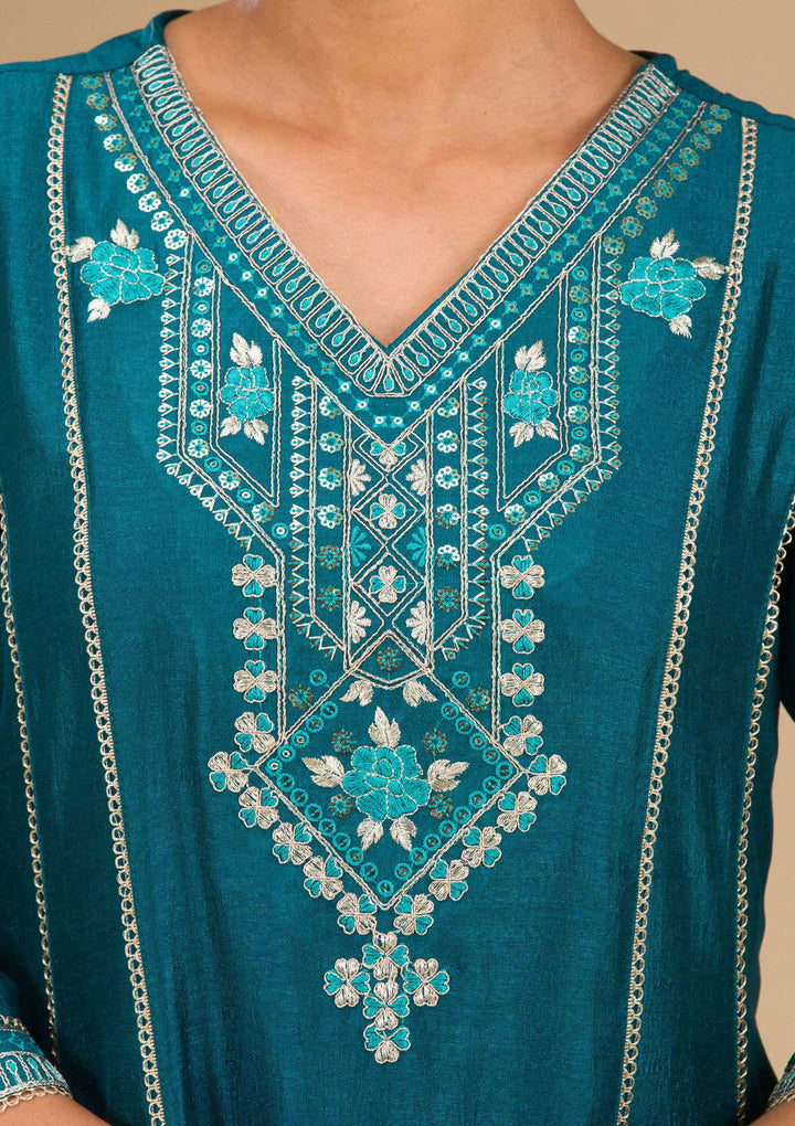 Peacock Blue Threadwork Raw Silk Readymade Salwar Suit