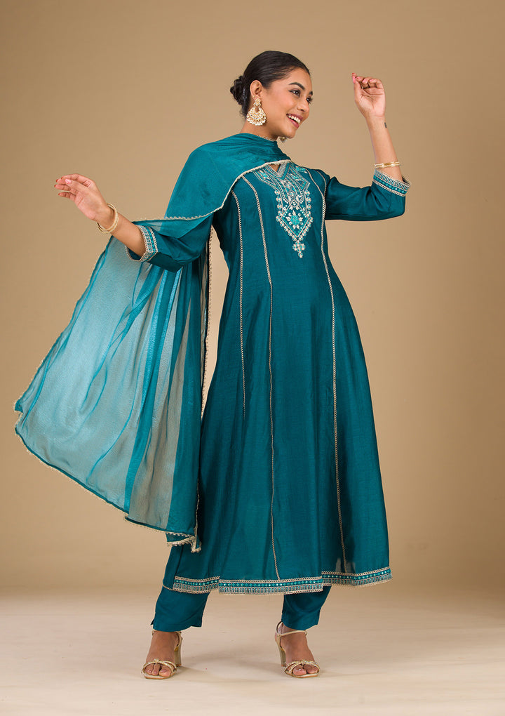 Peacock Blue Threadwork Raw Silk Readymade Salwar Suit