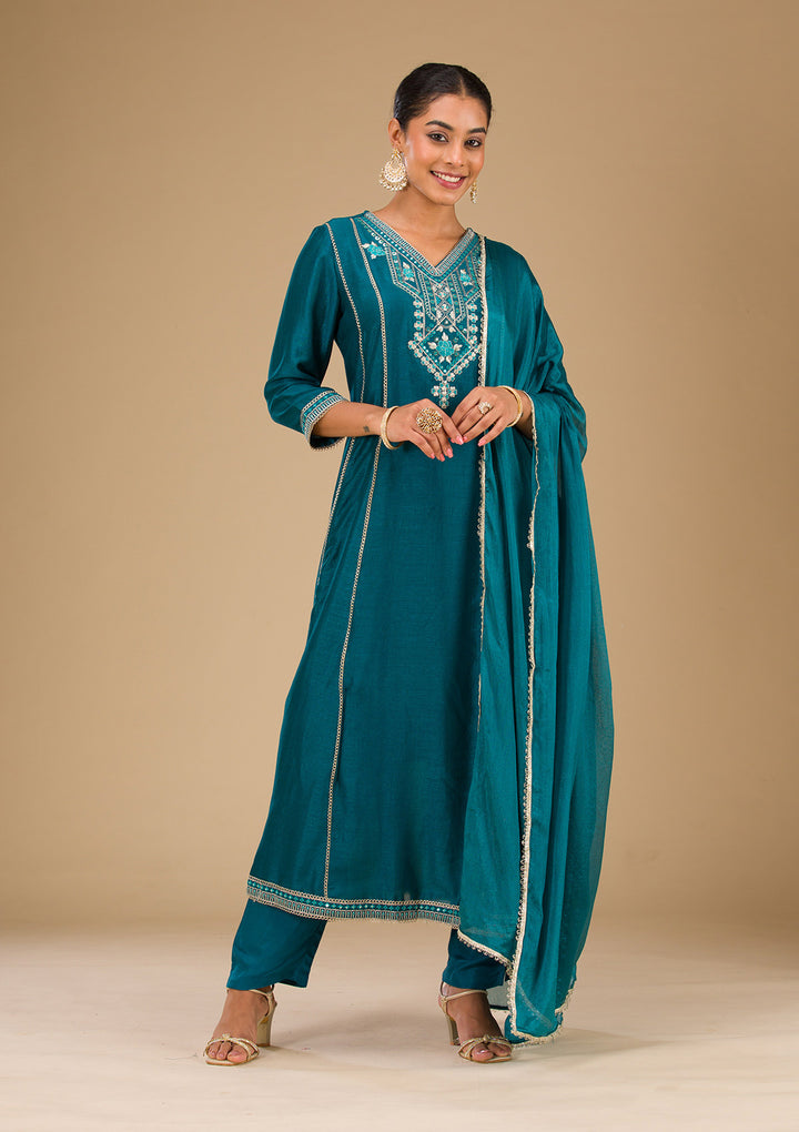 Peacock Blue Threadwork Raw Silk Readymade Salwar Suit