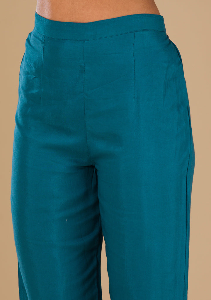 Peacock Blue Threadwork Raw Silk Readymade Salwar Suit