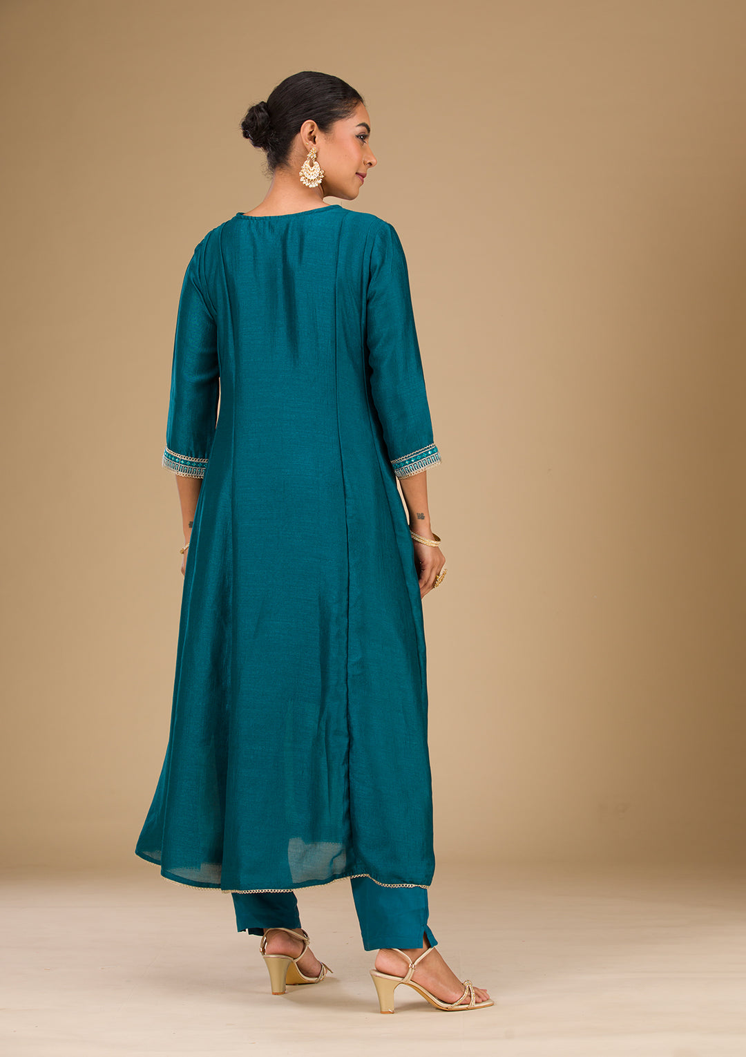 Peacock Blue Threadwork Raw Silk Readymade Salwar Suit
