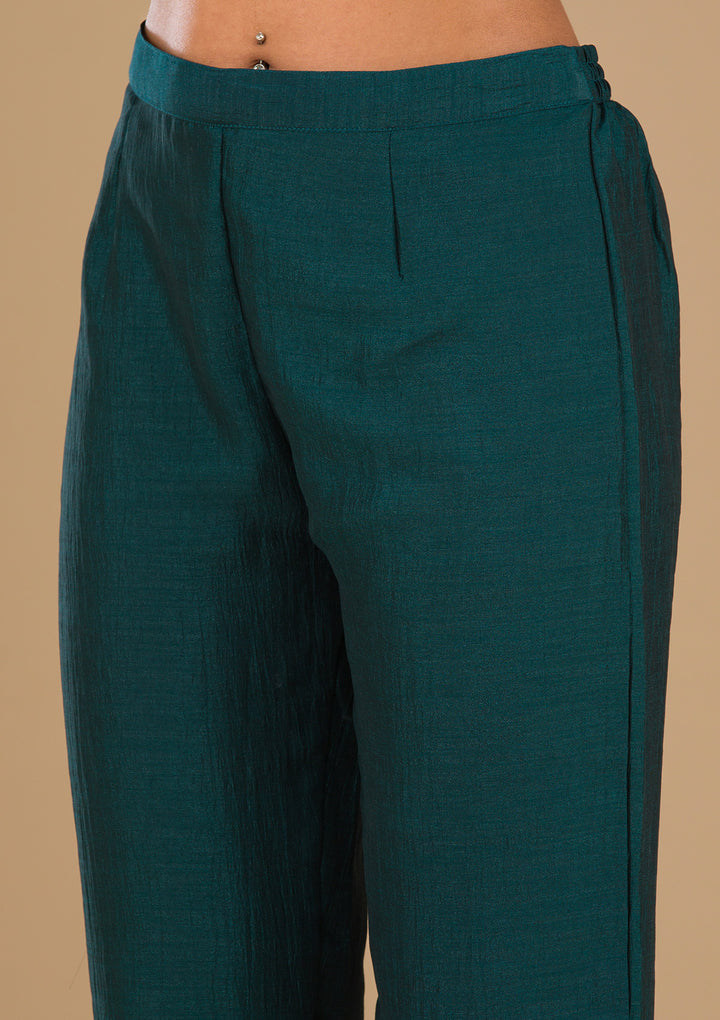 Peacock Blue Threadwork Raw Silk Readymade Salwar Suit
