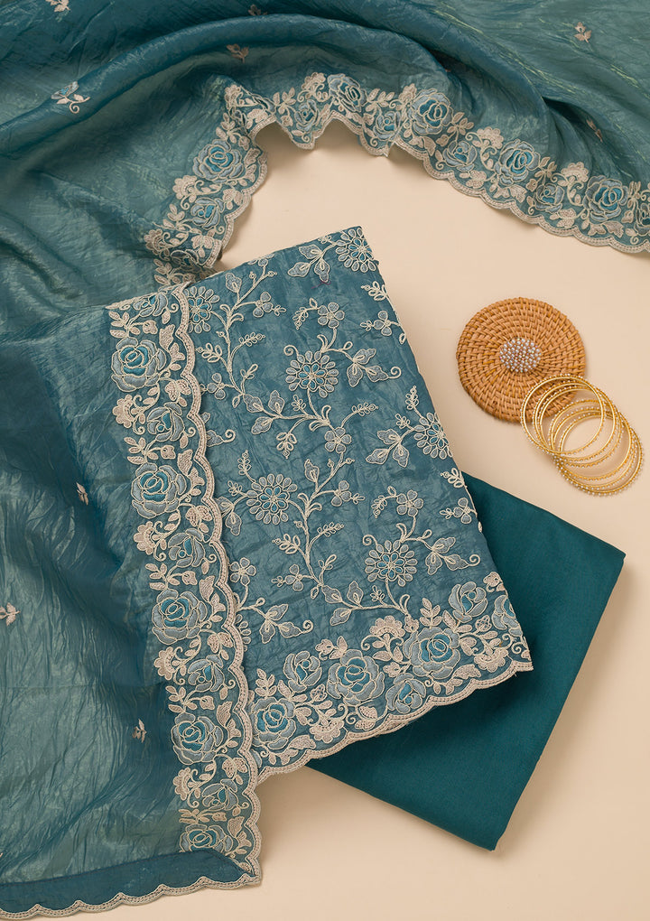 Peacock Blue Threadwork Semi Crepe Unstitched Salwar Suit