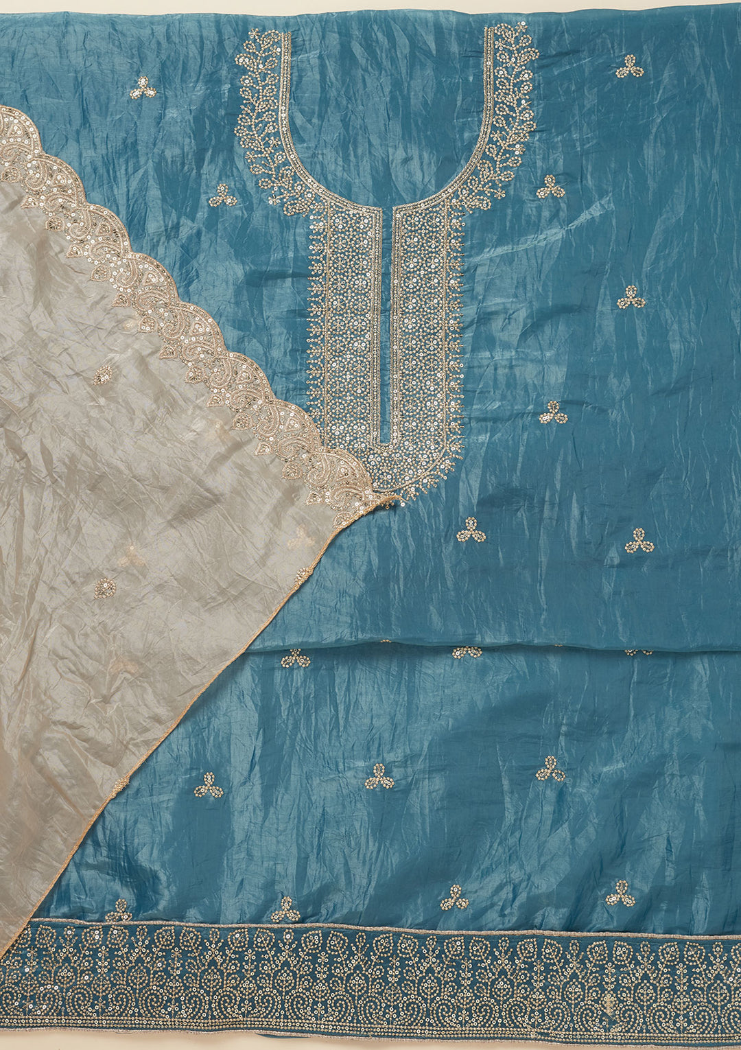 Peacock Blue Threadwork Semi Crepe Unstitched Salwar Suit