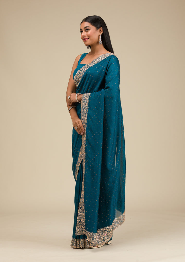 Peacock Blue Threadwork Soft Silk Saree