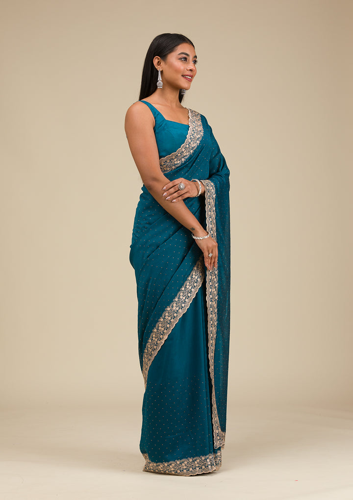 Peacock Blue Threadwork Soft Silk Saree