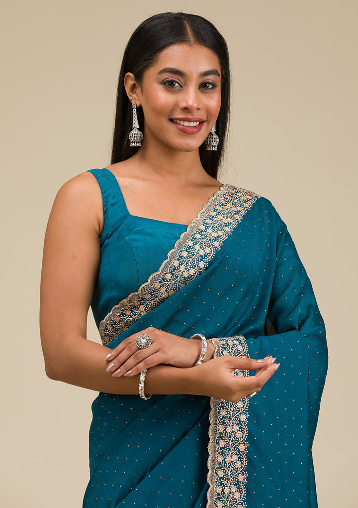 Peacock Blue Threadwork Soft Silk Saree