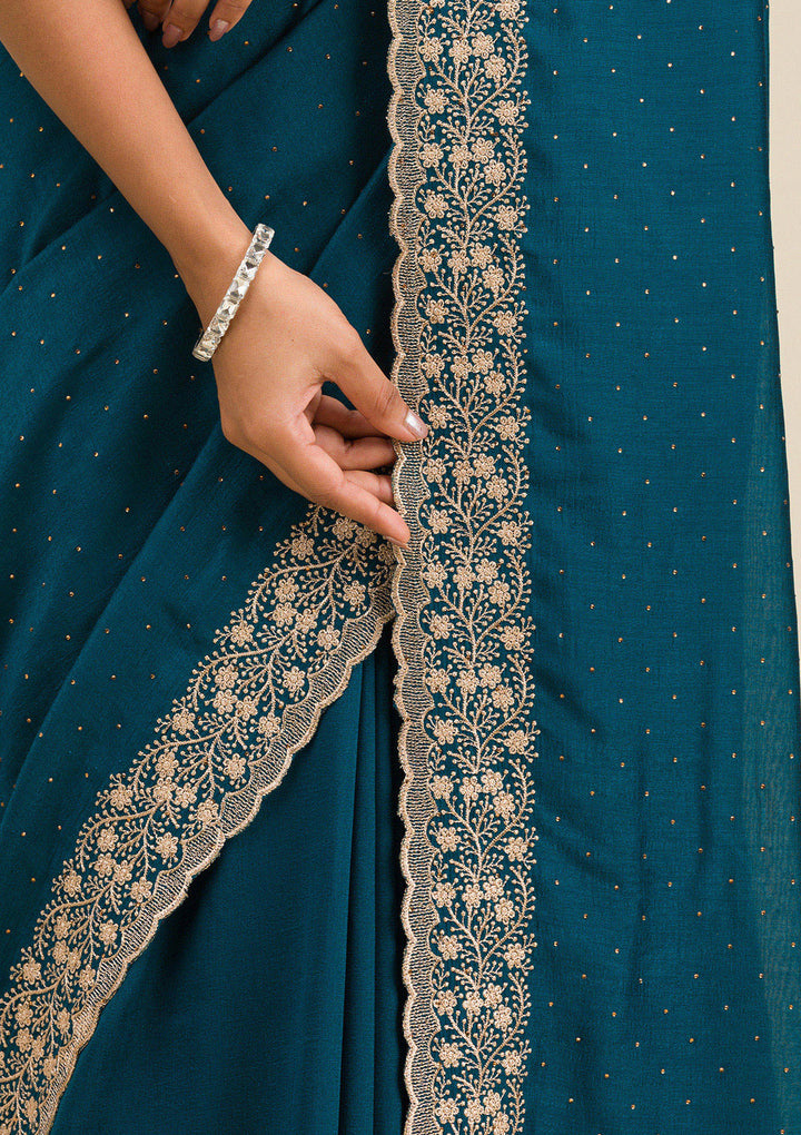Peacock Blue Threadwork Soft Silk Saree