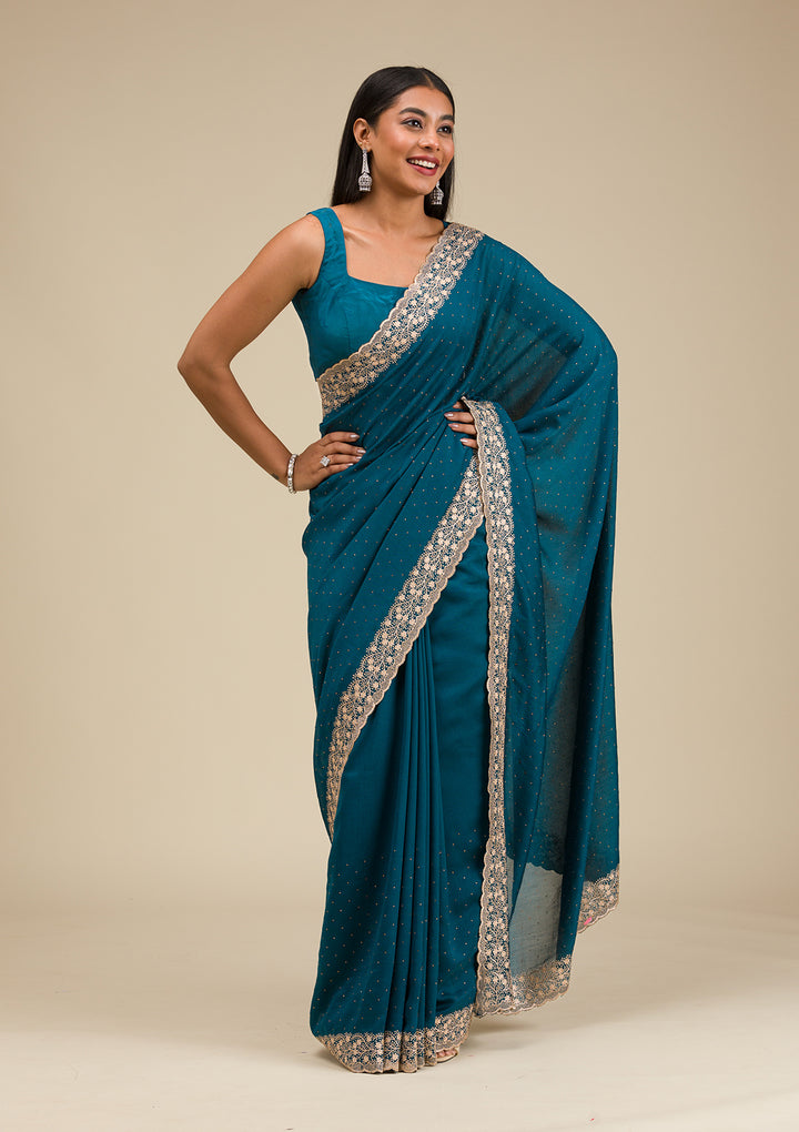 Peacock Blue Threadwork Soft Silk Saree
