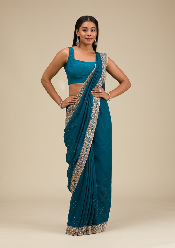 Peacock Blue Threadwork Soft Silk Saree