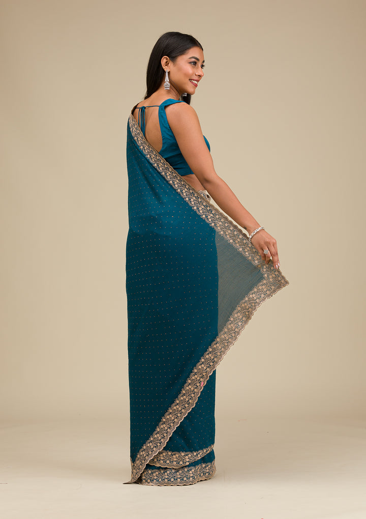 Peacock Blue Threadwork Soft Silk Saree