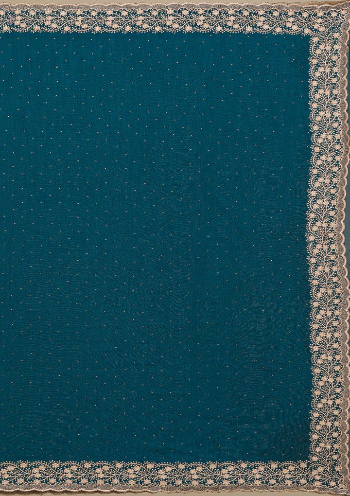 Peacock Blue Threadwork Soft Silk Saree