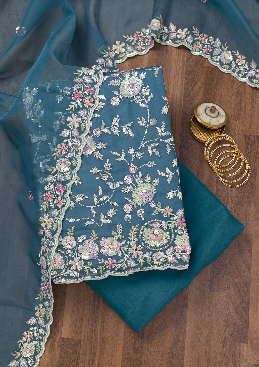 Peacock Blue Threadwork Tissue Unstitched Salwar Suit