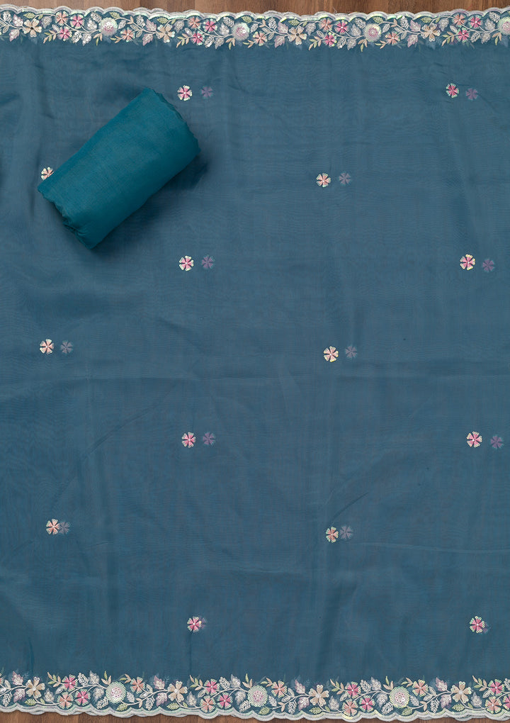 Peacock Blue Threadwork Tissue Unstitched Salwar Suit