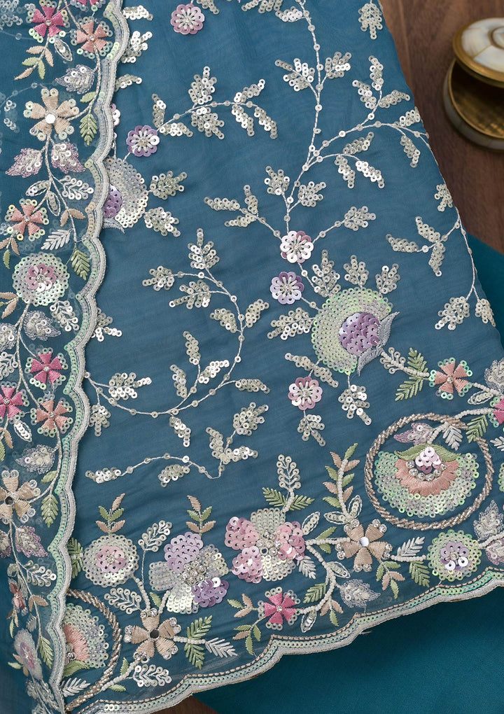 Peacock Blue Threadwork Tissue Unstitched Salwar Suit