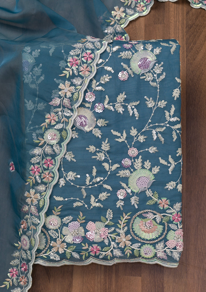 Peacock Blue Threadwork Tissue Unstitched Salwar Suit