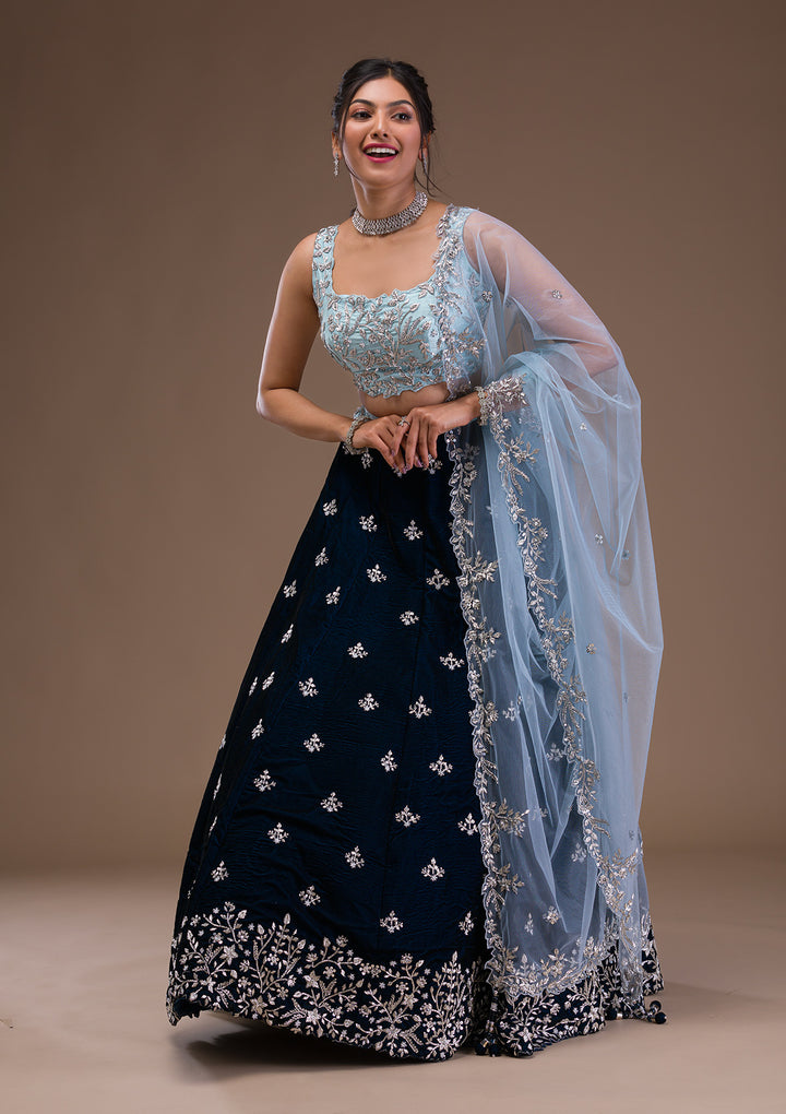 Peacock Blue Zardosi Velvet Readymade Lehenga