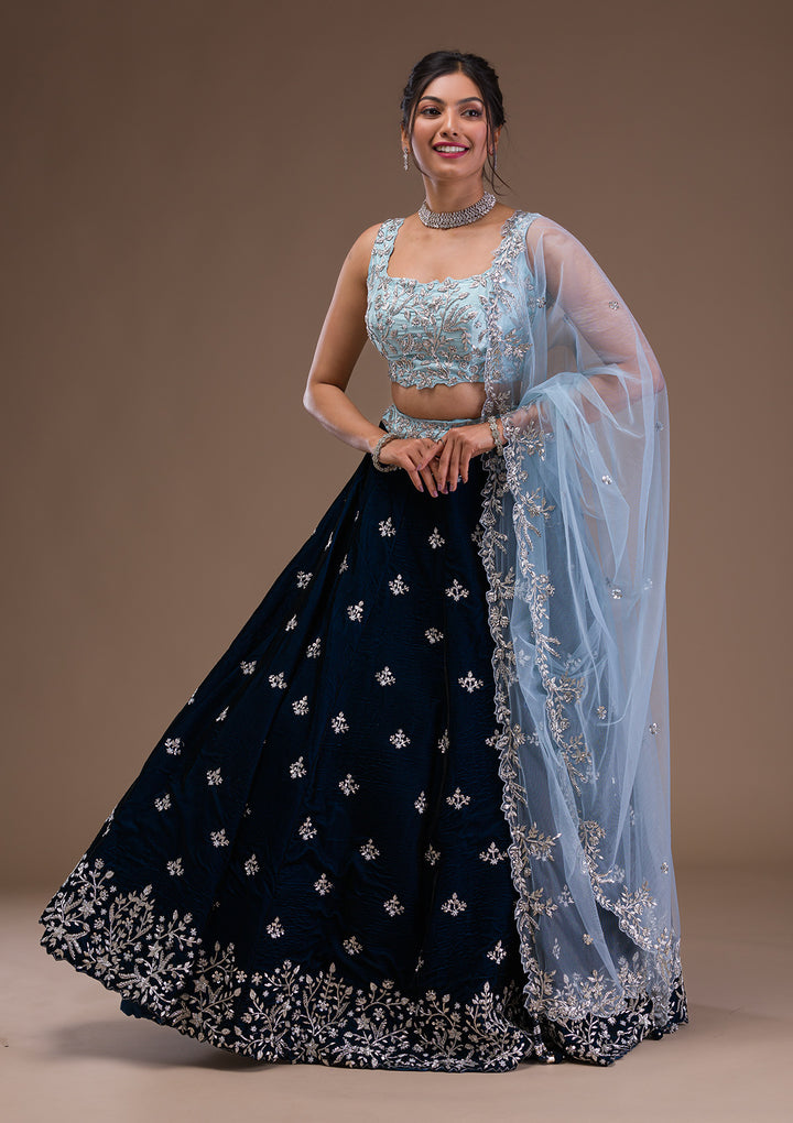 Peacock Blue Zardosi Velvet Readymade Lehenga