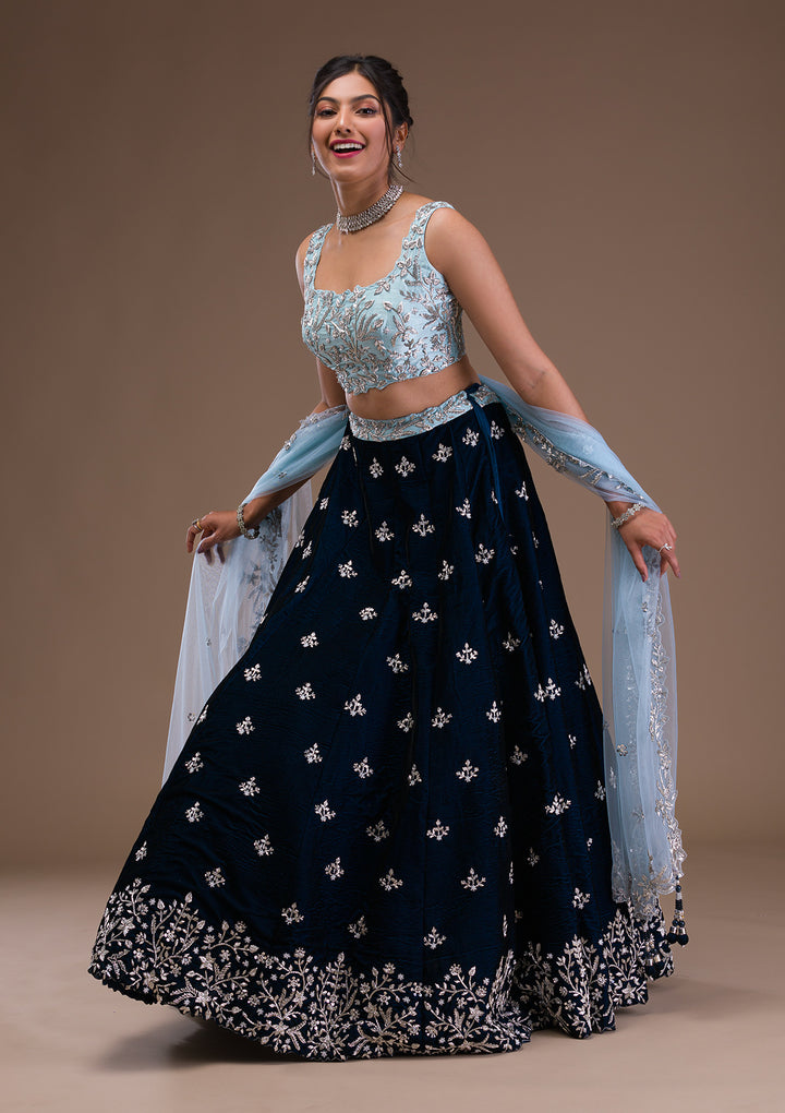 Peacock Blue Zardosi Velvet Readymade Lehenga