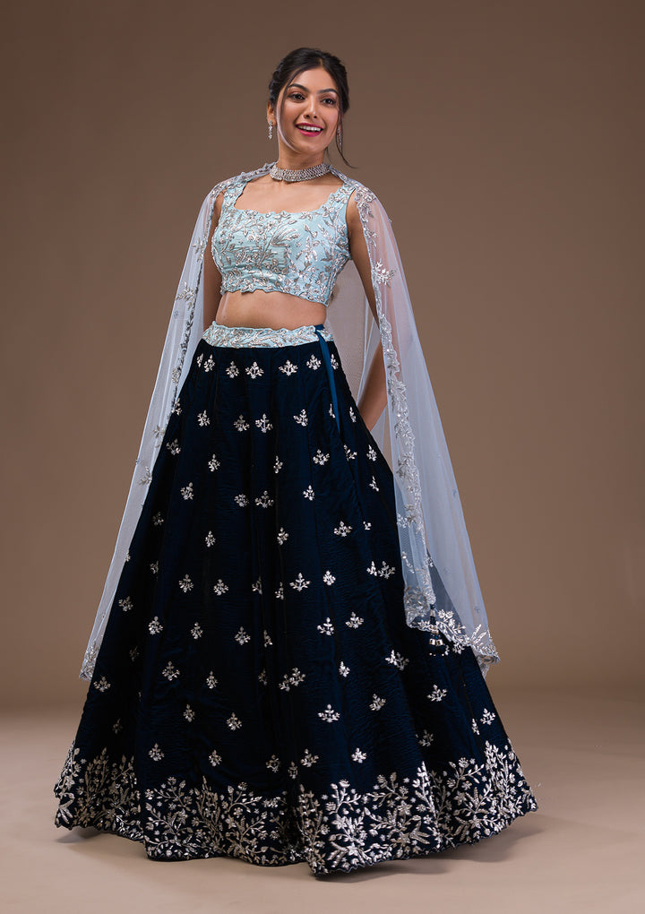 Peacock Blue Zardosi Velvet Readymade Lehenga