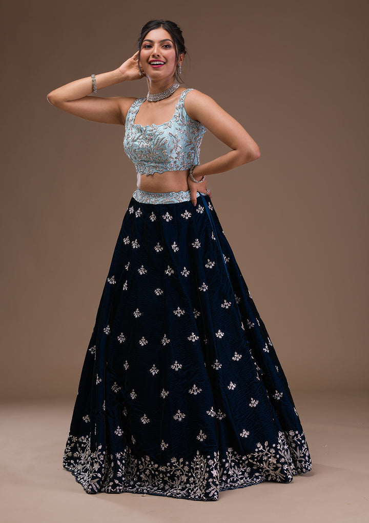 Peacock Blue Zardosi Velvet Readymade Lehenga
