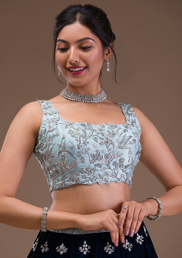 Peacock Blue Zardosi Velvet Readymade Lehenga