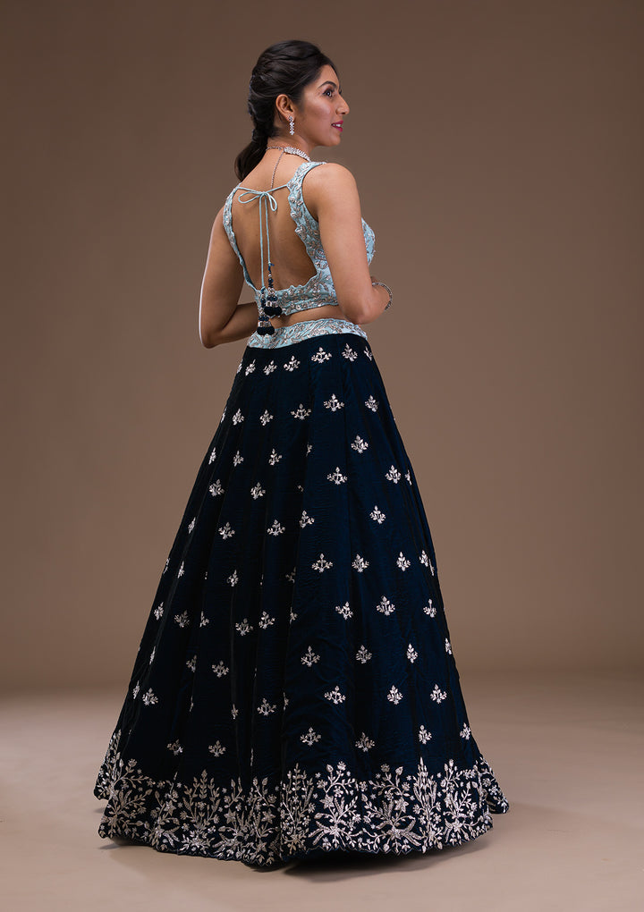 Peacock Blue Zardosi Velvet Readymade Lehenga