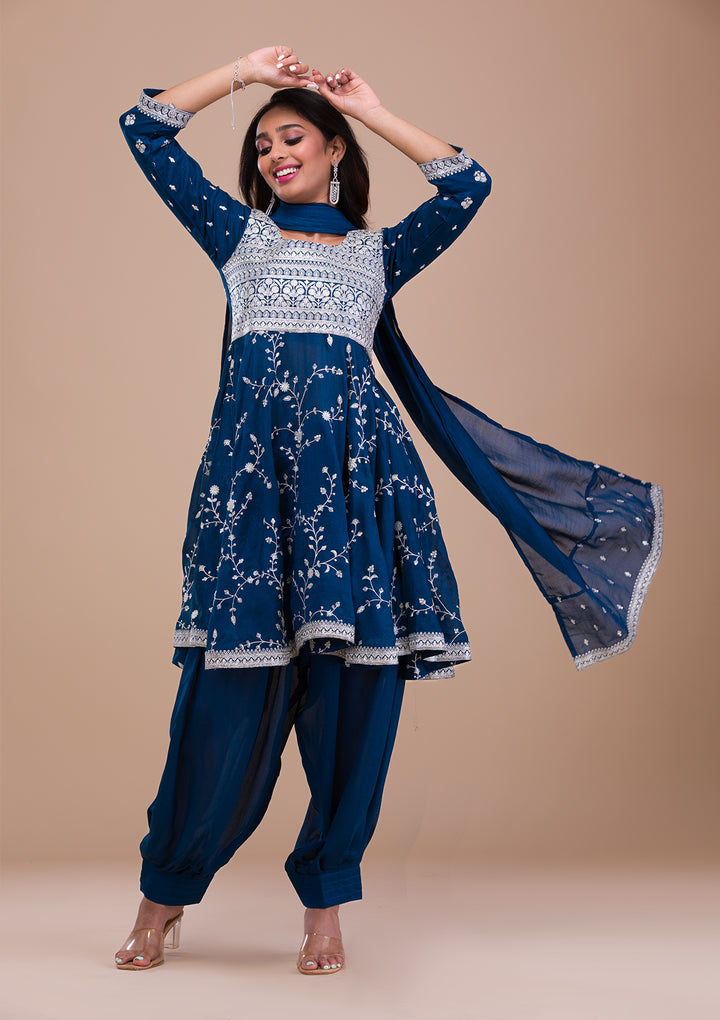 Peacock Blue Zariwork Art Silk Readymade Salwar Suit