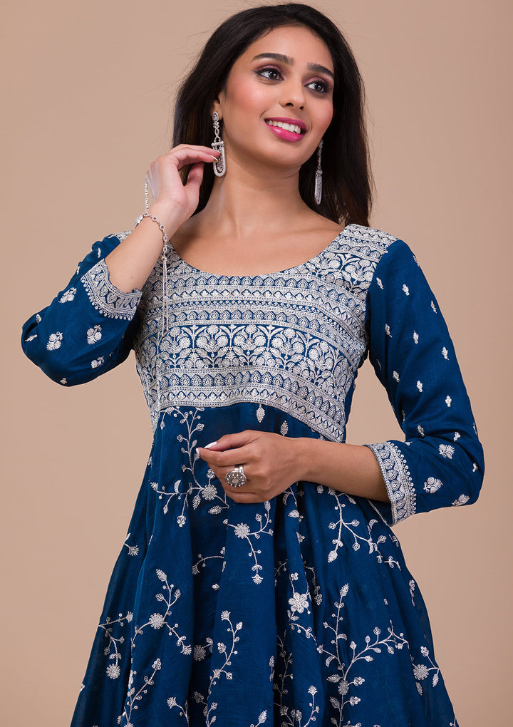 Peacock Blue Zariwork Art Silk Readymade Salwar Suit