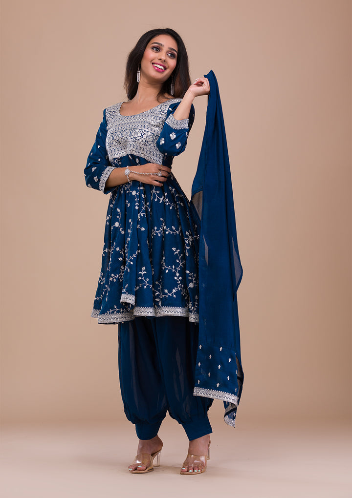 Peacock Blue Zariwork Art Silk Readymade Salwar Suit